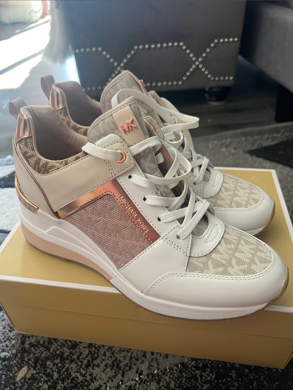 Michael Kors Women's White & Rose Gold Wedge Sneakers
